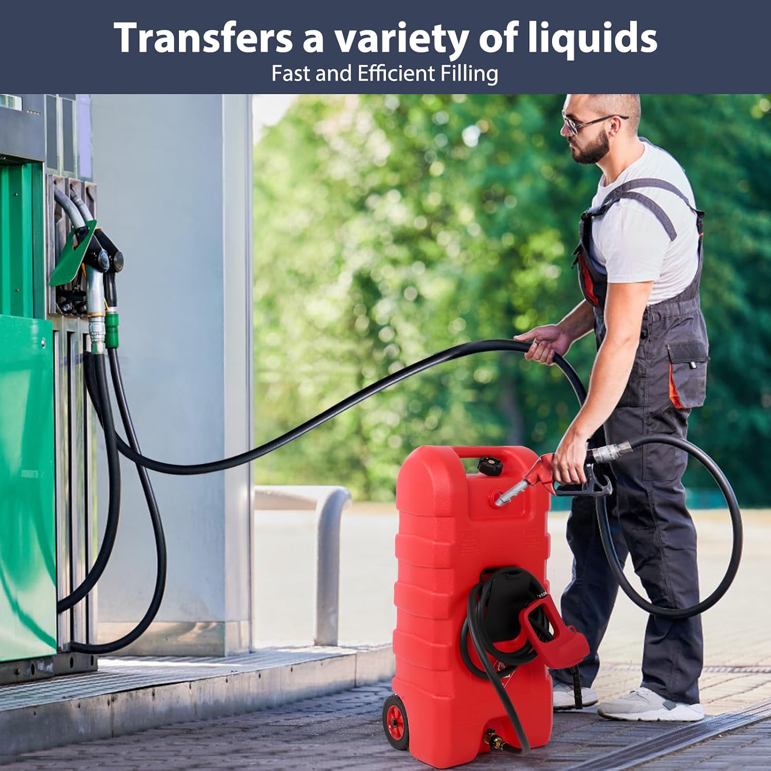 GAOMON Fuel Caddy, 15 Gallon Portable Gas Fuel Tank Container with LE Fluid Transfer Siphon Pump and 10ft. Delivery Hose, Diesel Storage Can On-Wheels for Cars, Lawn Mowers, ATVs, Boats