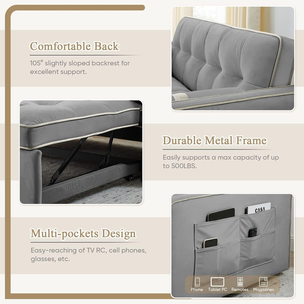 3 in 1 Sleeper Sofa Couch Bed, Small Tufted Velvet Convertible Loveseat Futon Sofa w/Pullout Bed, Adjustable Backrest, Cylinder Pillows for Living Room Apartment, Easy to Assemble, Grey, 55.5'