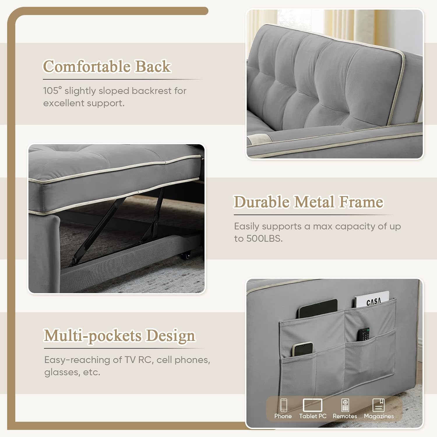 3 in 1 Sleeper Sofa Couch Bed, Small Tufted Velvet Convertible Loveseat Futon Sofa w/Pullout Bed, Adjustable Backrest, Cylinder Pillows for Living Room Apartment, Easy to Assemble, Grey, 55.5'