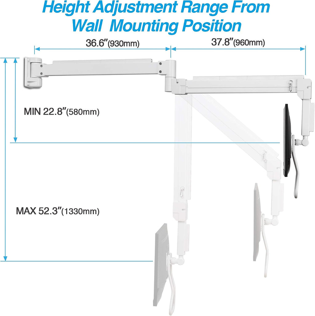 AVLT Medical Grade 17.6 lbs Monitor Wall Mount for 17 to 32inch Screen on 74' Long Extension Full Motion Height Adjustable Arm - for Healthcare, Home, Office, & Maintenance Area