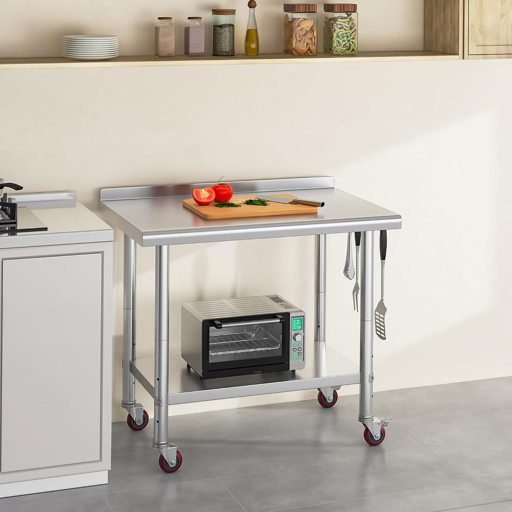YITAHOME 36' x 24' Stainless Steel Table with Wheels for Prep & Work with Backsplash, NSF Metal Table Prep Table with Undershelf for Home Kitchen Restaurant Garage Warehouse