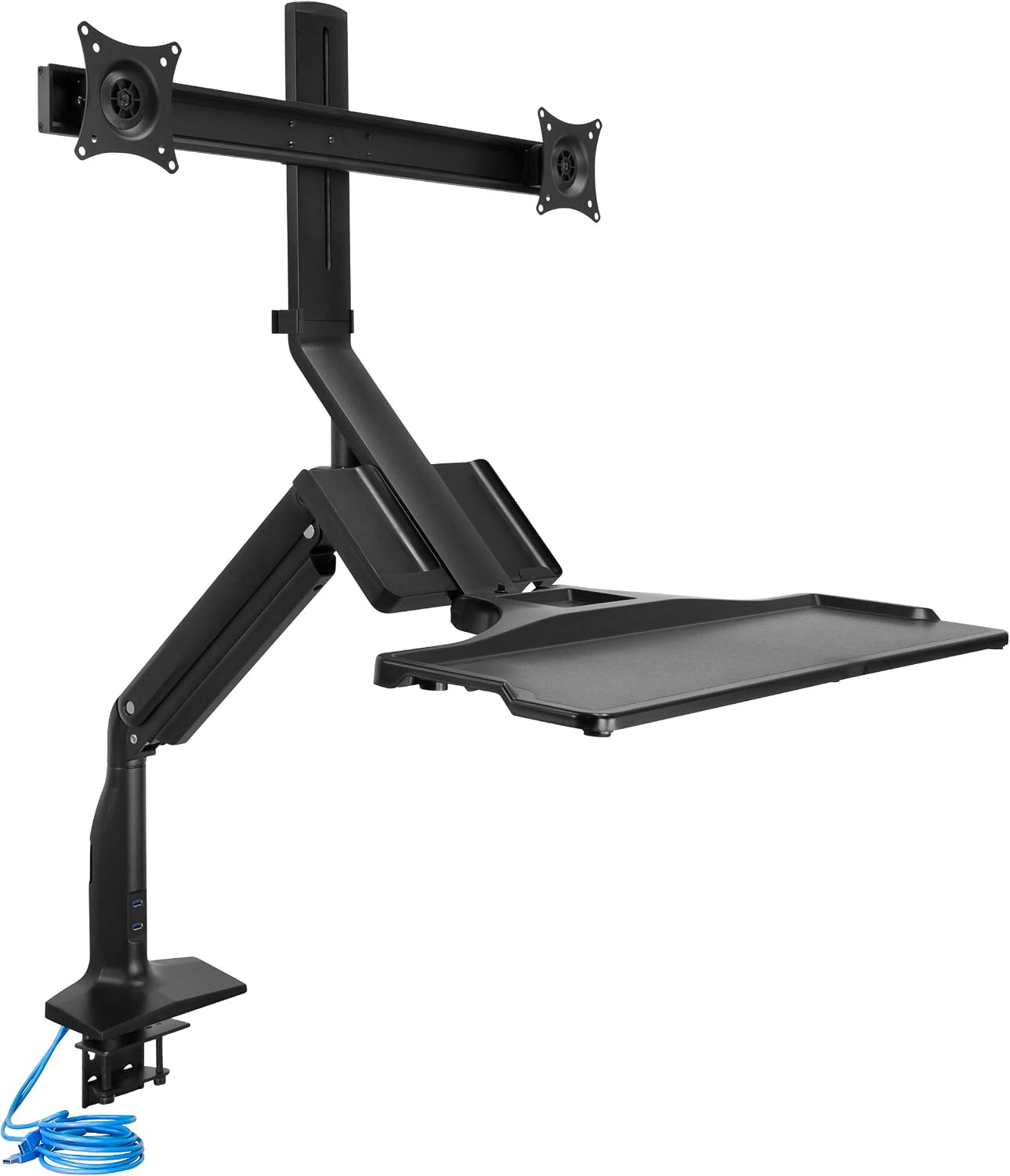 Mount-It! Dual Monitor Arm Desk Mount Sit-Stand Workstation with 2 USB 3.0 Ports, Height Adjustable 23.1–42.9', Fits Two 17–27' Screens, 13.2 lbs Each, VESA 75x75 100x100, Clamp or Grommet