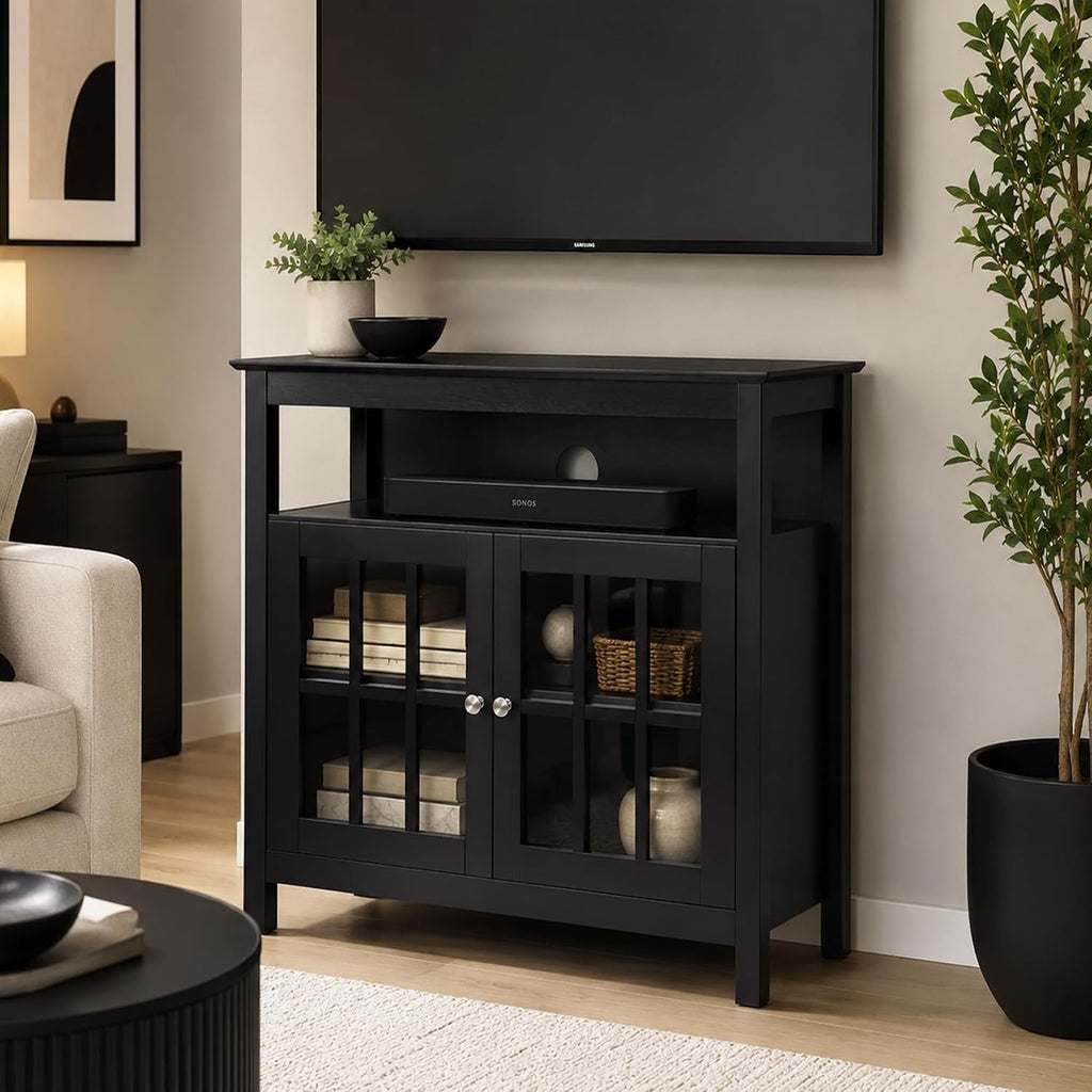 Convenience Concepts Big Sur Highboy TV Stand 36' - Modern Entertainment Center For TVs up to 40', Storage Cabinet for Dining, Living Room, & Entryway, Console Hall Table with Shelves, Black