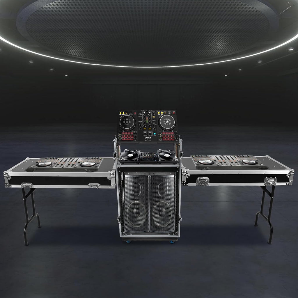 14U PA DJ Rack with 2 DJ Table Tops, 661LBS Recording Studio Racks Audio Equipment Cabinet, Mobile Stereo Rack with 4 Lockable Wheels for Studio/Wedding (14U)