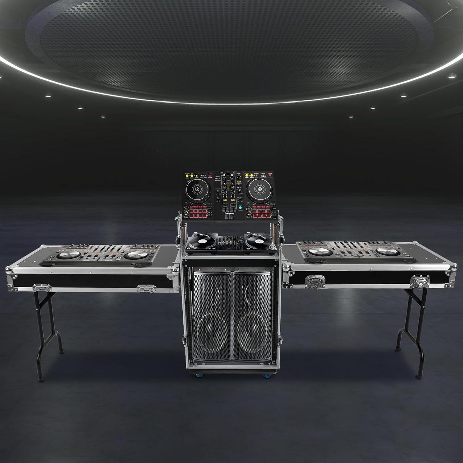 14U PA DJ Rack with 2 DJ Table Tops, 661LBS Recording Studio Racks Audio Equipment Cabinet, Mobile Stereo Rack with 4 Lockable Wheels for Studio/Wedding (14U)