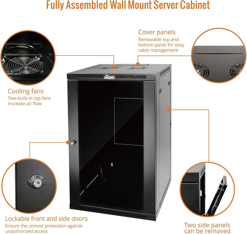 Tecmojo 18U Wall Mount Rack,18U Rack 17.7 Inch Depth,Hold Up to 176 Lbs,Enclosed Wall Mount Rack Kit for 19 Inch Network,Server and AV Gear,Glass Door(Elite Collection)