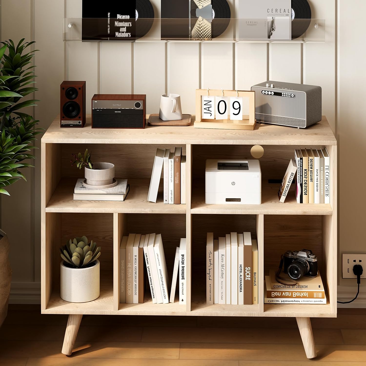 IDEALHOUSE Record Player Stand with Vinyl Storage, 39.5in Large Vinyl Record Holder Player Cabinet Wood Turntable Stand Up to 350 Albums with Charging Station for Living Room, Natural