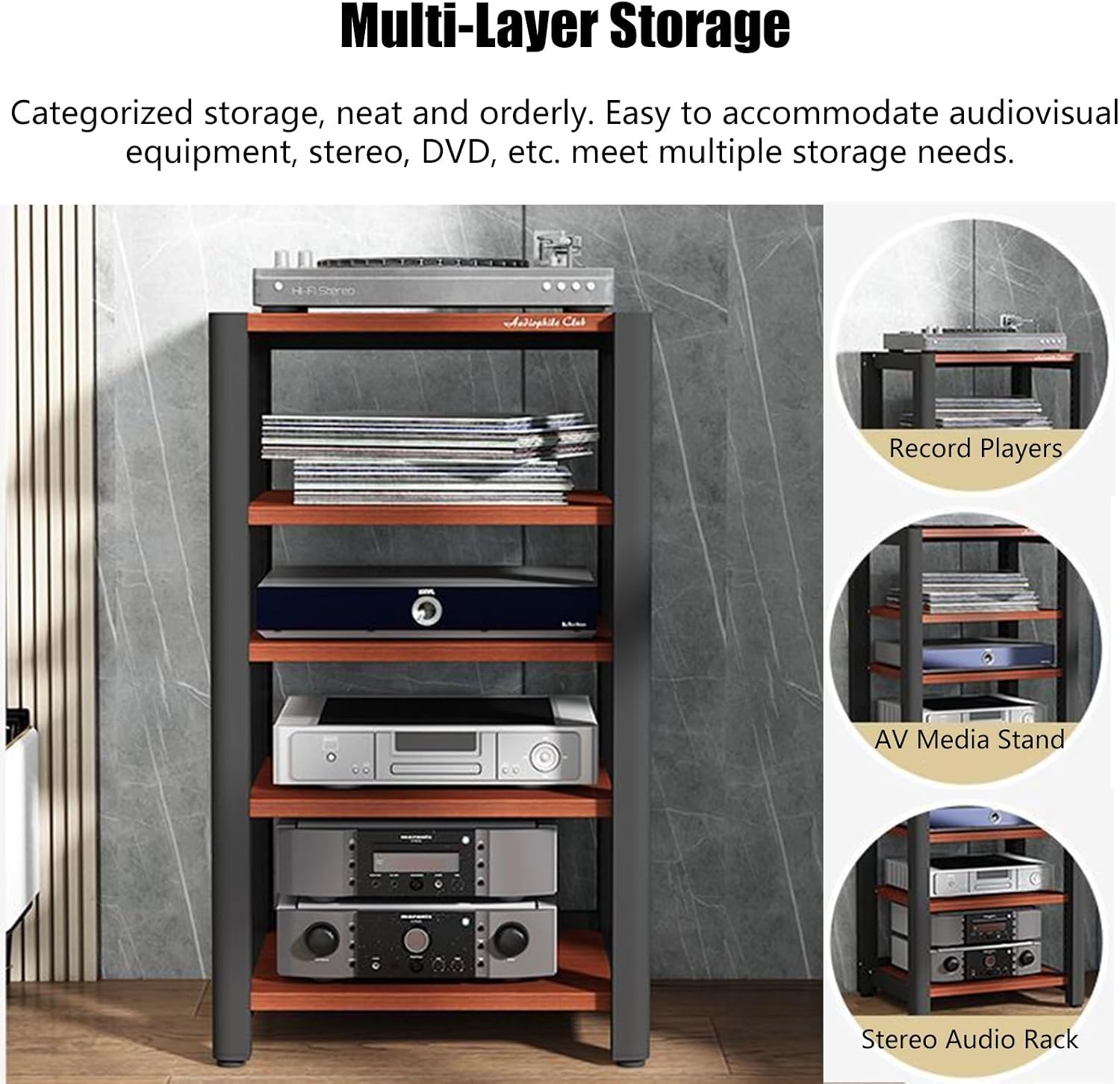 Audio Equipment Rack Cabinet, 5-Tier AV Component Media Stand, Stereo Cabinet Audio-Video Tower with Non-Slip Foot Pad, Vertical Printer Holder, 64cm High