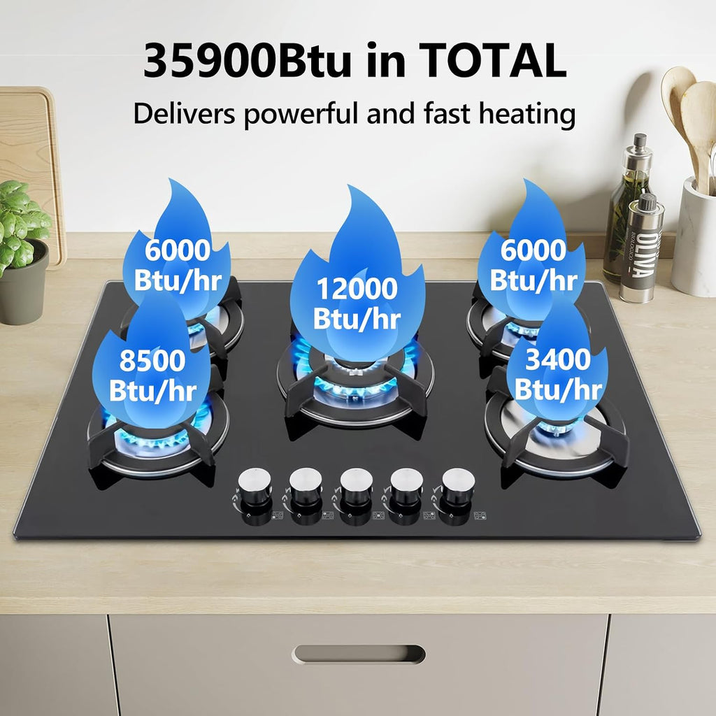 30in Countertop Gas Cooktop - 5 Burner Tempered Glass Stove Top, NG/LPG Convertible, Default for Propane Gas for RVs