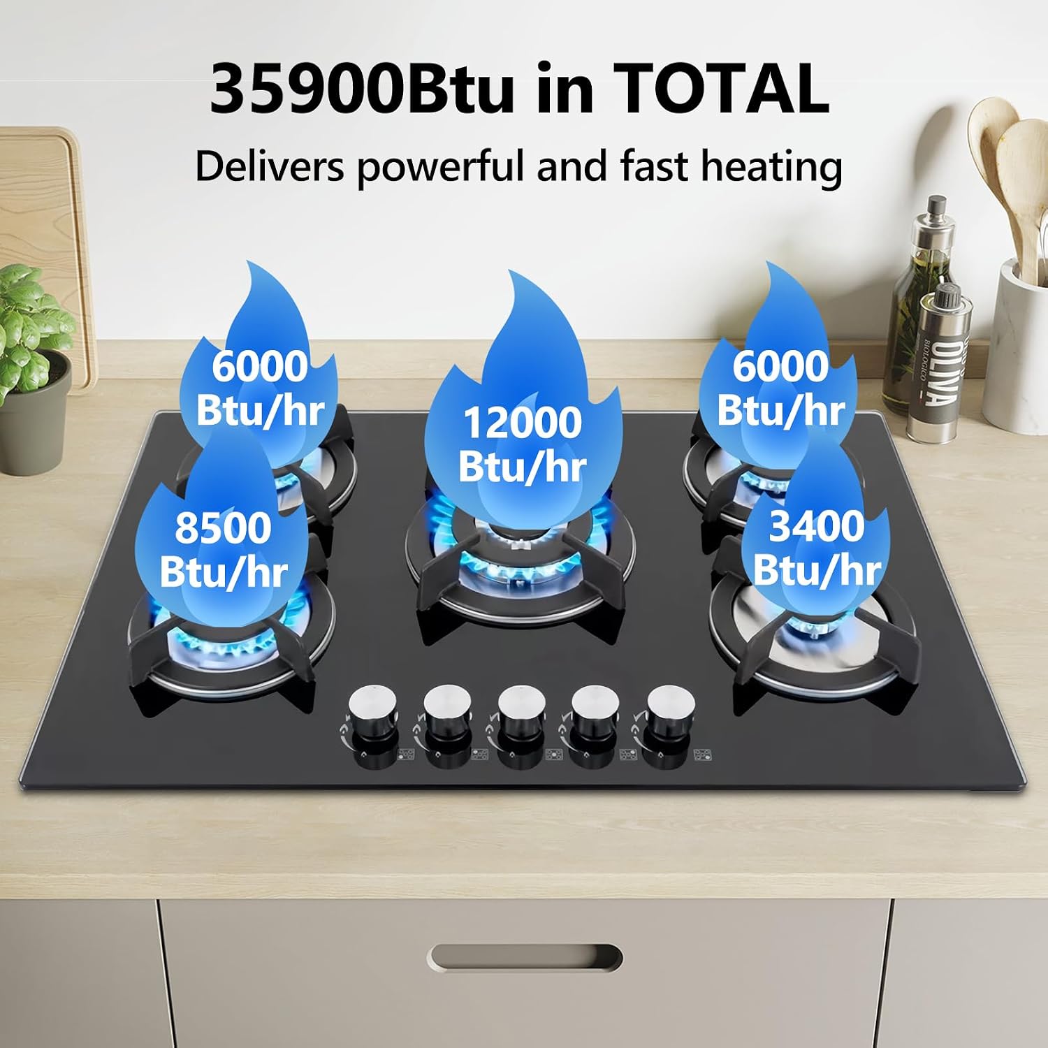 30in Countertop Gas Cooktop - 5 Burner Tempered Glass Stove Top, NG/LPG Convertible, Default for Propane Gas for RVs