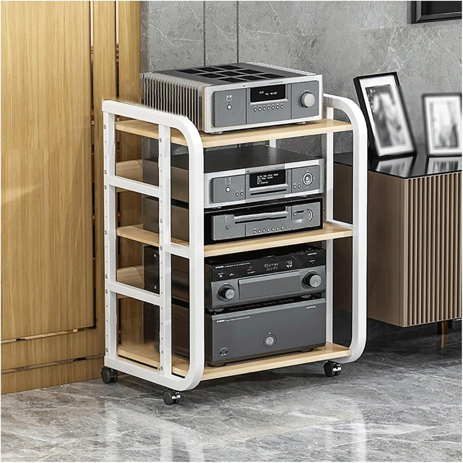 Audio Rack Stereo Rack Adjustable Audio Equipment Rack Audio Open Rack Cabinet Wooden with Wheels HiFi Rack Audio-Video Shelving(Wei�,3 Tier)