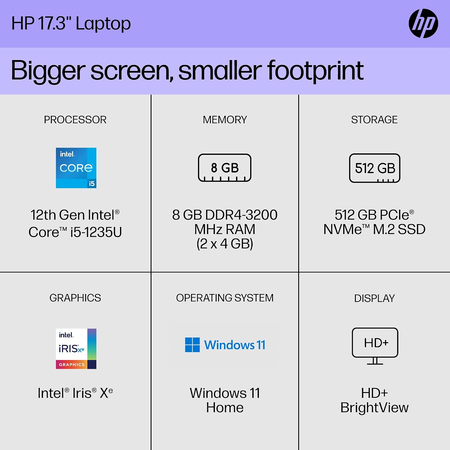 HP 17 inch Laptop, HD+ Display, 12th Generation Intel Core i5-1235U, 8 GB RAM, 512 GB SSD, Intel Iris Xe Graphics, Windows 11 Home, 17-cn2099nr (2023)