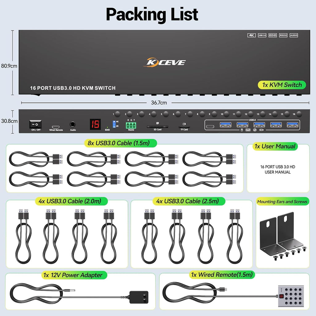 8 Port HDMI Displayport KVM Switch 2 Monitors 8 Computers 4K@60Hz EDID Simulation,8 PC Dual Monitor KVM Switch with 4 USB 3.0 Ports,Audio,RS232,with Wired Remote,12V Power Adapter and 8 USB Cable