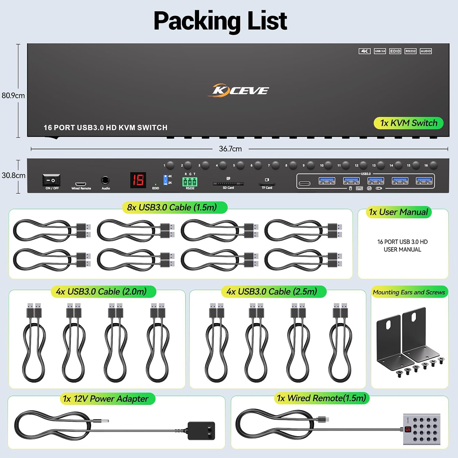 8 Port HDMI Displayport KVM Switch 2 Monitors 8 Computers 4K@60Hz EDID Simulation,8 PC Dual Monitor KVM Switch with 4 USB 3.0 Ports,Audio,RS232,with Wired Remote,12V Power Adapter and 8 USB Cable
