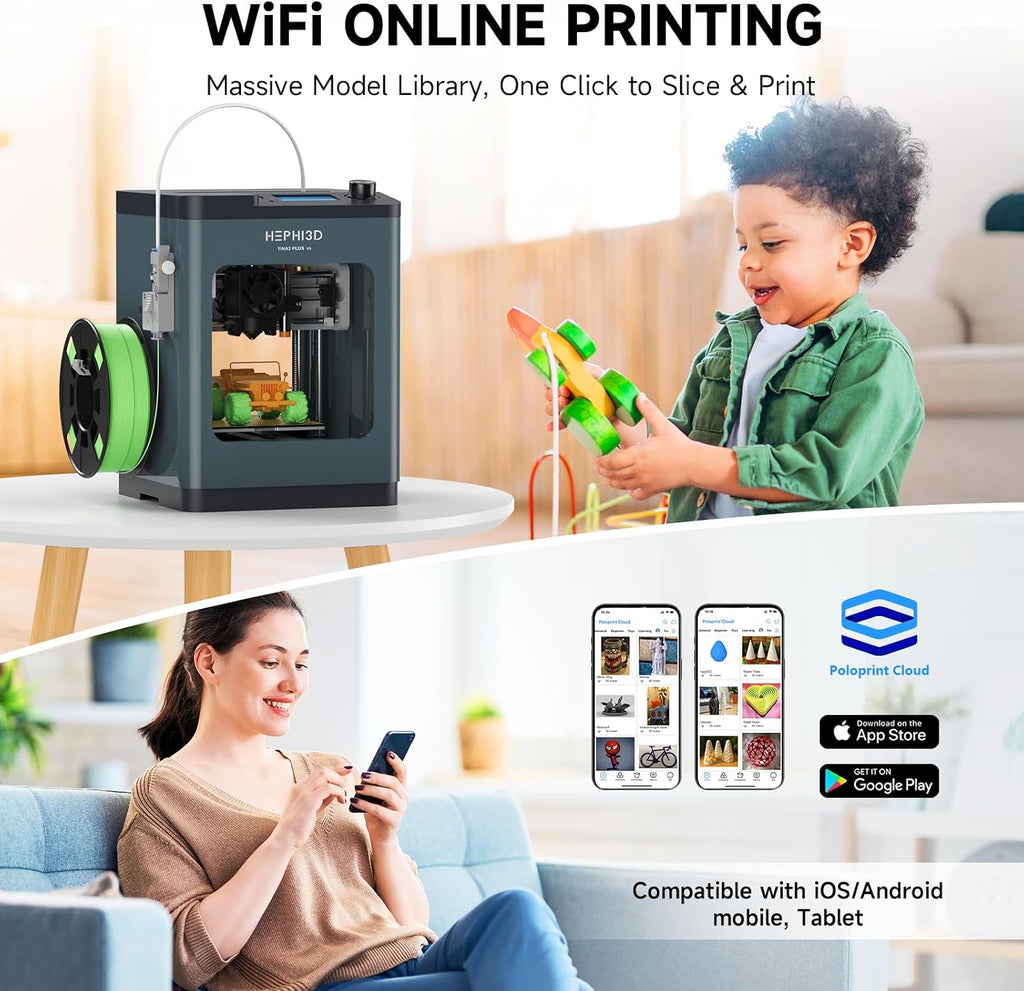 TINA2 Plus 3D Printer with WiFi Cloud, HEPHI3D DIY 3D Printers 250mm/s High Speed, Auto Leveling Mini 3D Printer for Beginners and Kids, Fully Assembly 3D Printers Open Source for Home, Office, School