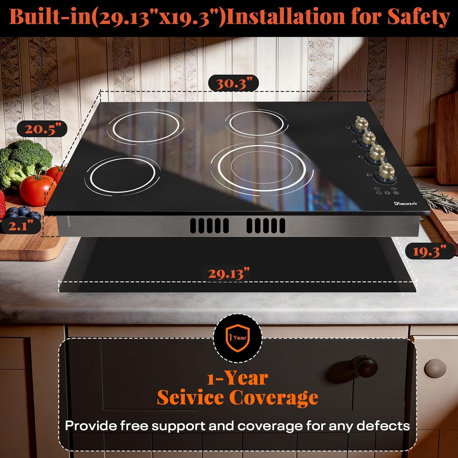 30 Inch Electric Cooktop - 4 Burner Electric Stove 6700W Built-in(29.13'x19.3'), 30' Radiant Ceramic Cook Top Konb & Touch, 99-Min Timer, Safety Lock, 220V - 240V Hard Wired (Retro Knob)