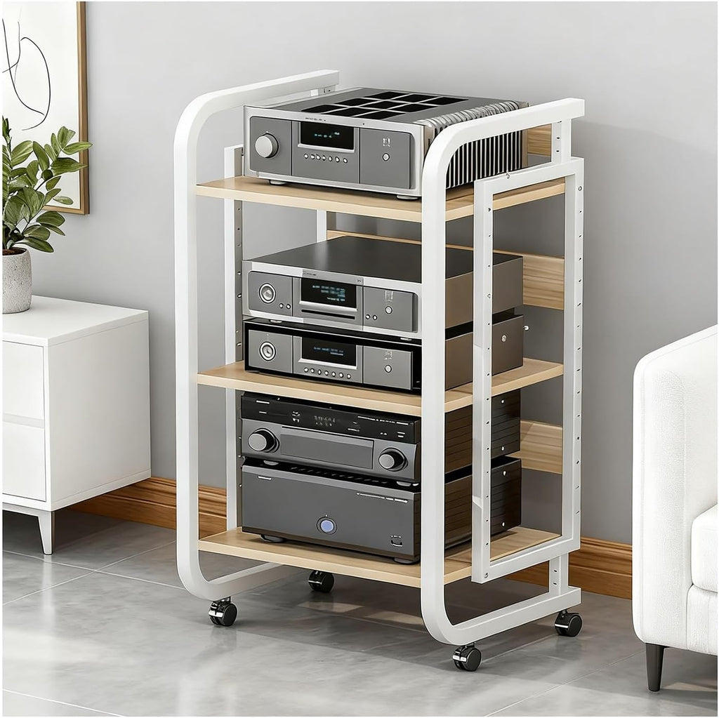 HiFi Rack Audio Cabinet for Media Component with Wheels and Adjustable Wooden Shelves Sturdy Storage Rack for Record Player, TV Box, Amplifier(White,50x42.5x70cm)