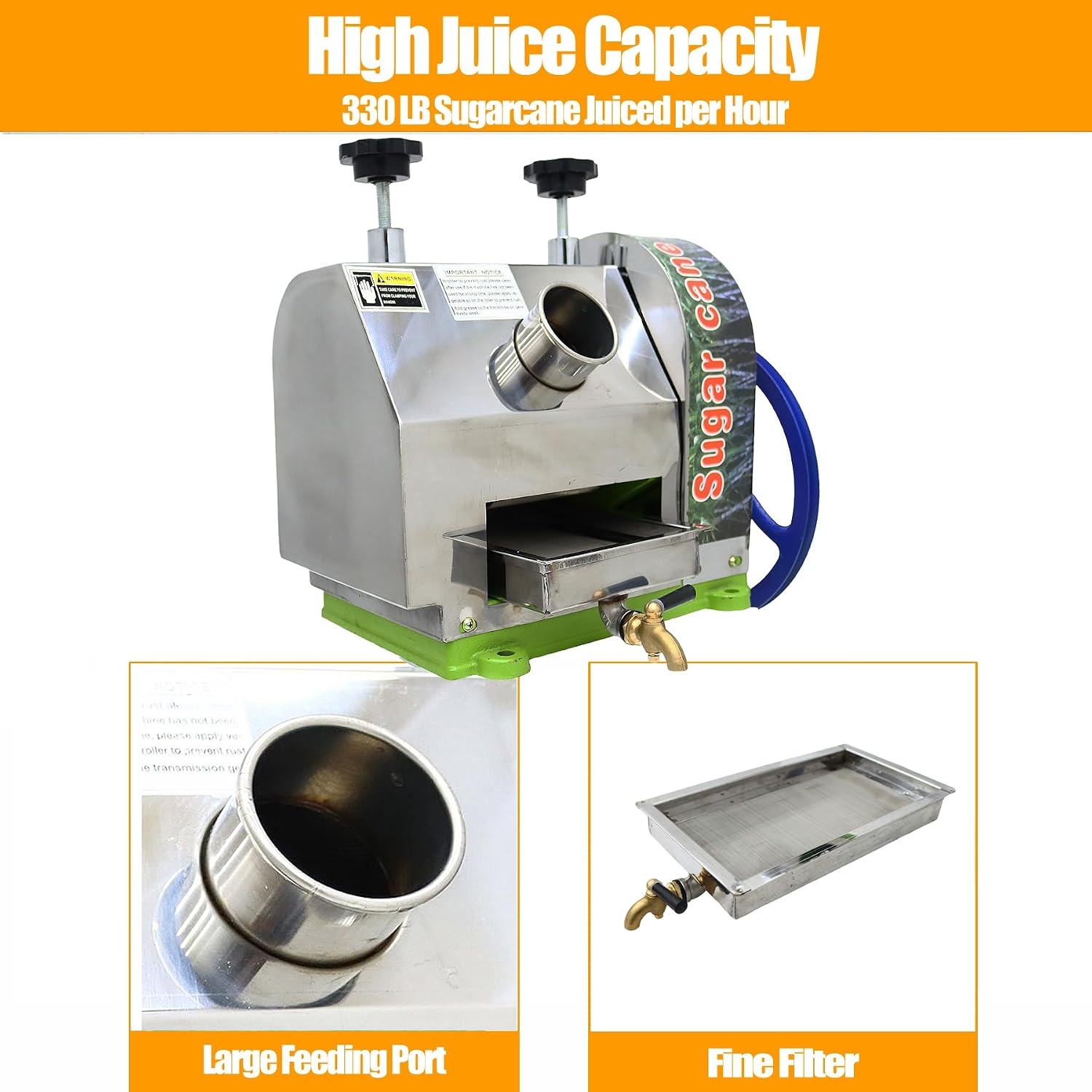 TECHTONGDA Efficient Manual Sugar Cane Juicer Machine, 330LB/H Output Sugar Cane Juicer Press, 2.4' Large Inlet Sugarcane Press Extractor with 2 Peeling Knives, Ideal for Homes, Shops, Restaurants