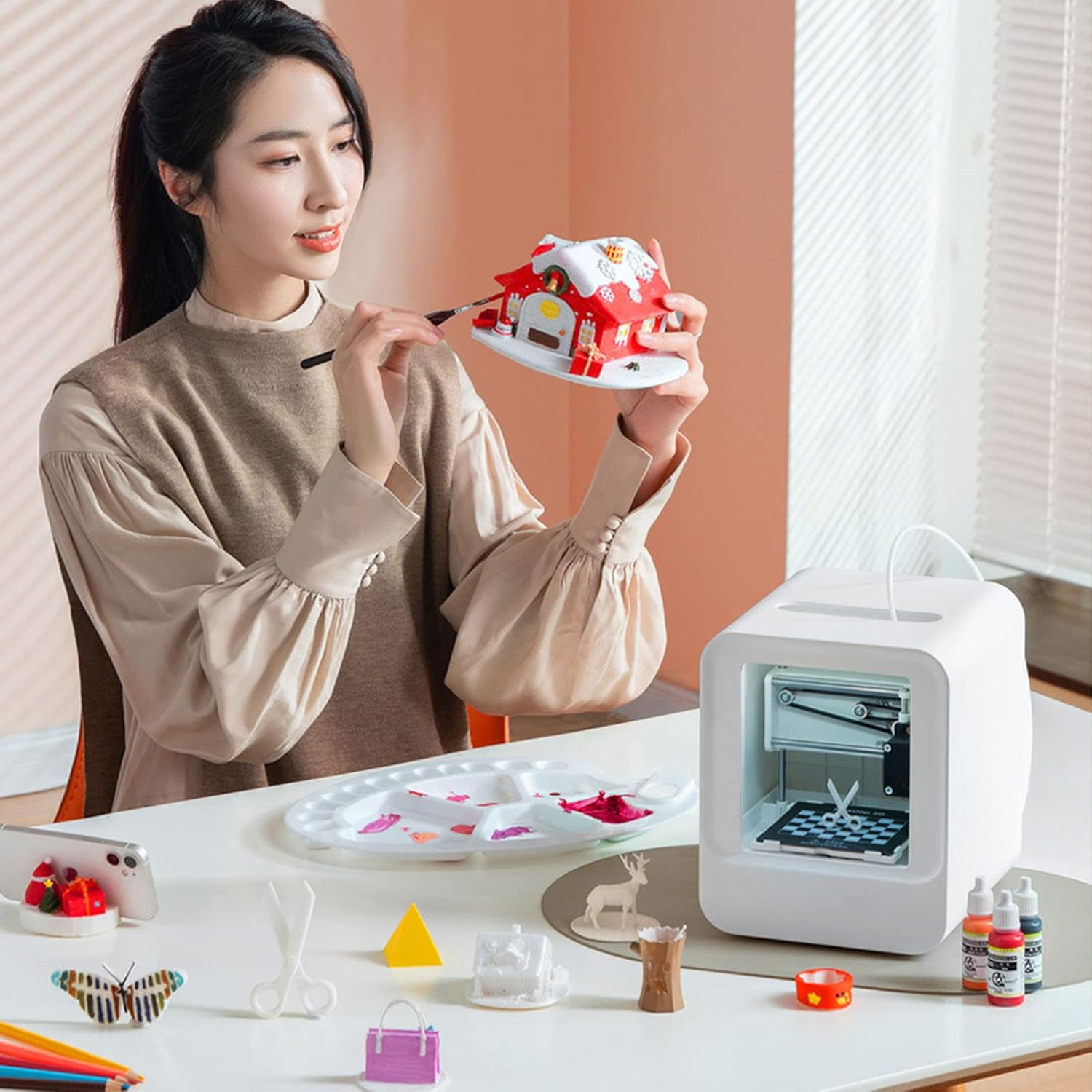 Gonetre 3D Printer Mini Intelligent Desktop 3D Printer High Accuracy Easy to Use Out of The Box Fully Assembled for Beginners Kids Home School Office White EC1 (US Plug)