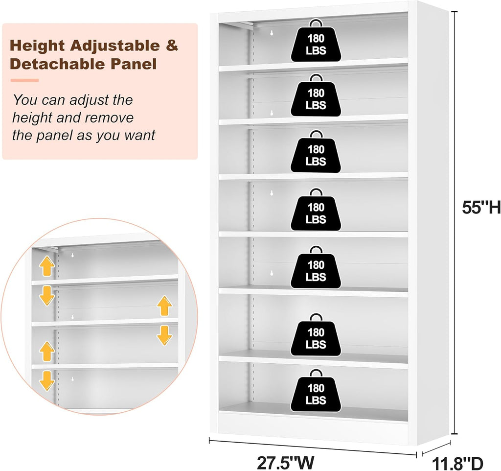 55' Media Storage Cabinet, Metal CD Storage Rack with 6 Adjustable Shelves, 7-Tier Large Stereo Cabinet for Living Room, Home Entertainment (White)