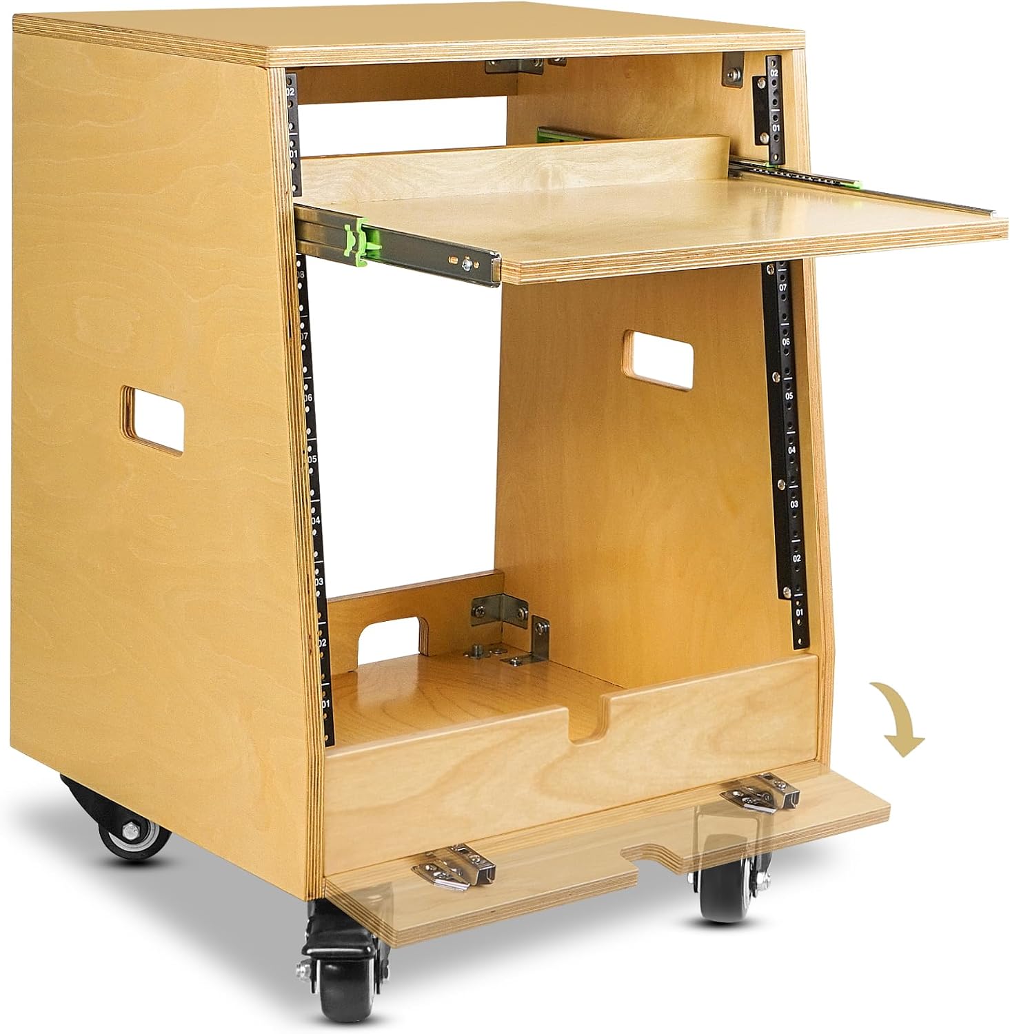 Sound Town DIY Slanted 10U Studio Rack (2U Top + 8U Lower), with 2U Bottom Storage, Slide-Out Tray, Caster, Plywood, Golden Oak For Recording Room, Home Studio (SDRK-ST10T)