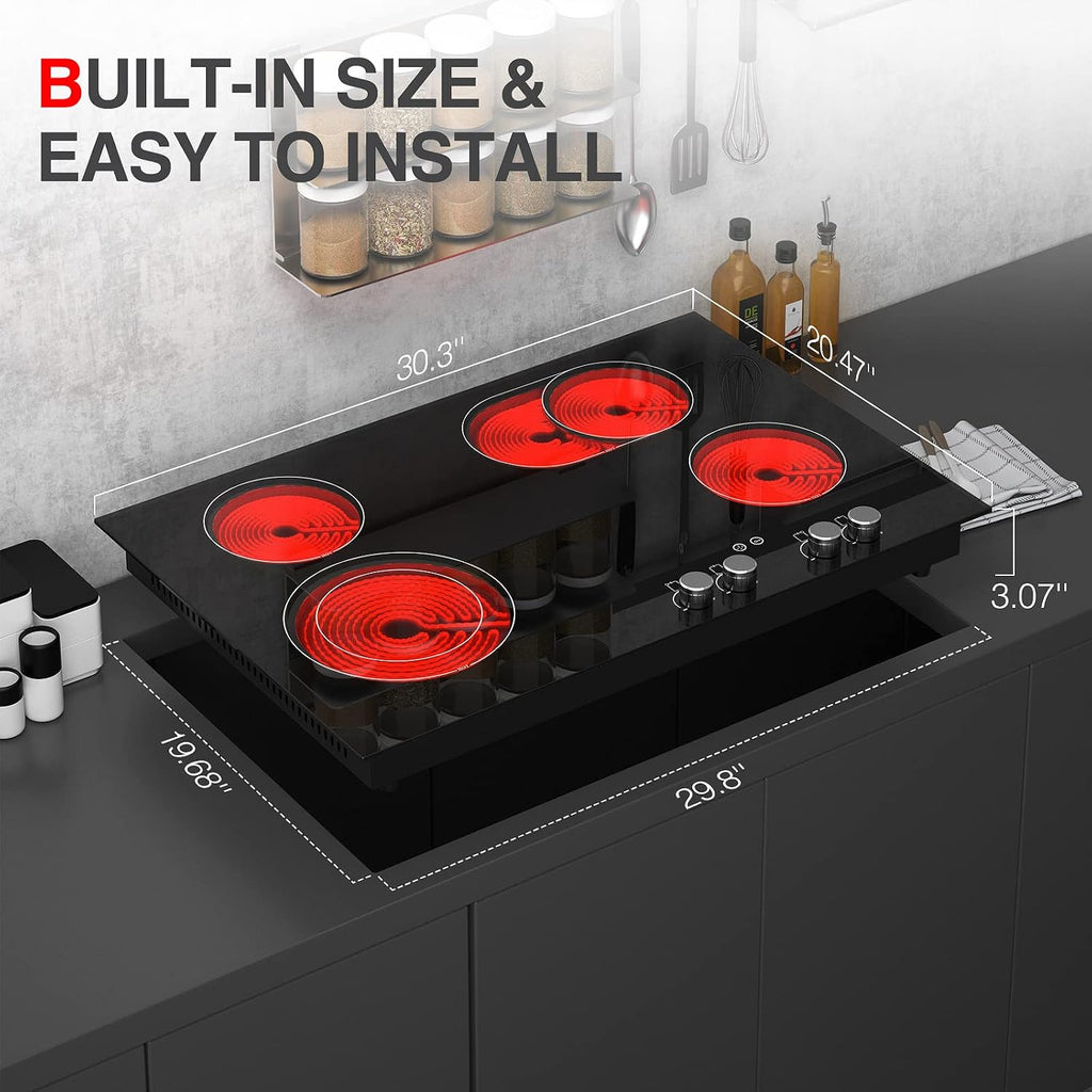 Electric Cooktop, 30 Inch Built-in Electric Smoothtop with 4 Elements, Touch & Knob Control, 9 Heating Levels, Child Lock, Timer, Hot Surface Indicator, 6800W Electric Stove Top Hot Plate