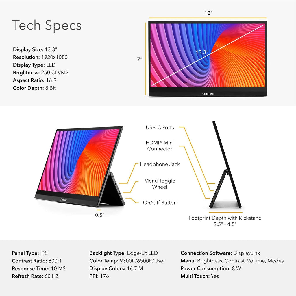 SideTrak Solo Pro 13' Touchscreen Portable Monitor for Laptop | 1080p LED Small Laptop Screen Extender | Kickstand | 10ms Response Time | 60Hz Refresh Rate | USb-C, Mini-HD | 1.6 lbs Travel Monitor