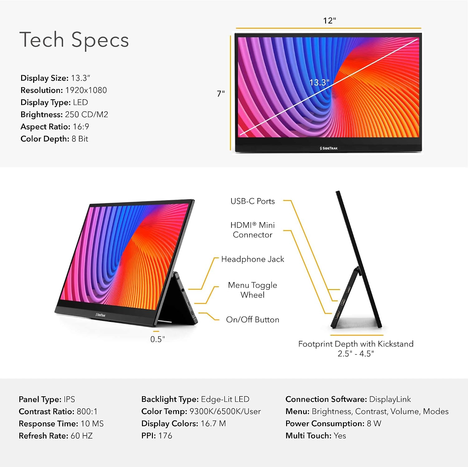 SideTrak Solo Pro 13' Touchscreen Portable Monitor for Laptop | 1080p LED Small Laptop Screen Extender | Kickstand | 10ms Response Time | 60Hz Refresh Rate | USb-C, Mini-HD | 1.6 lbs Travel Monitor