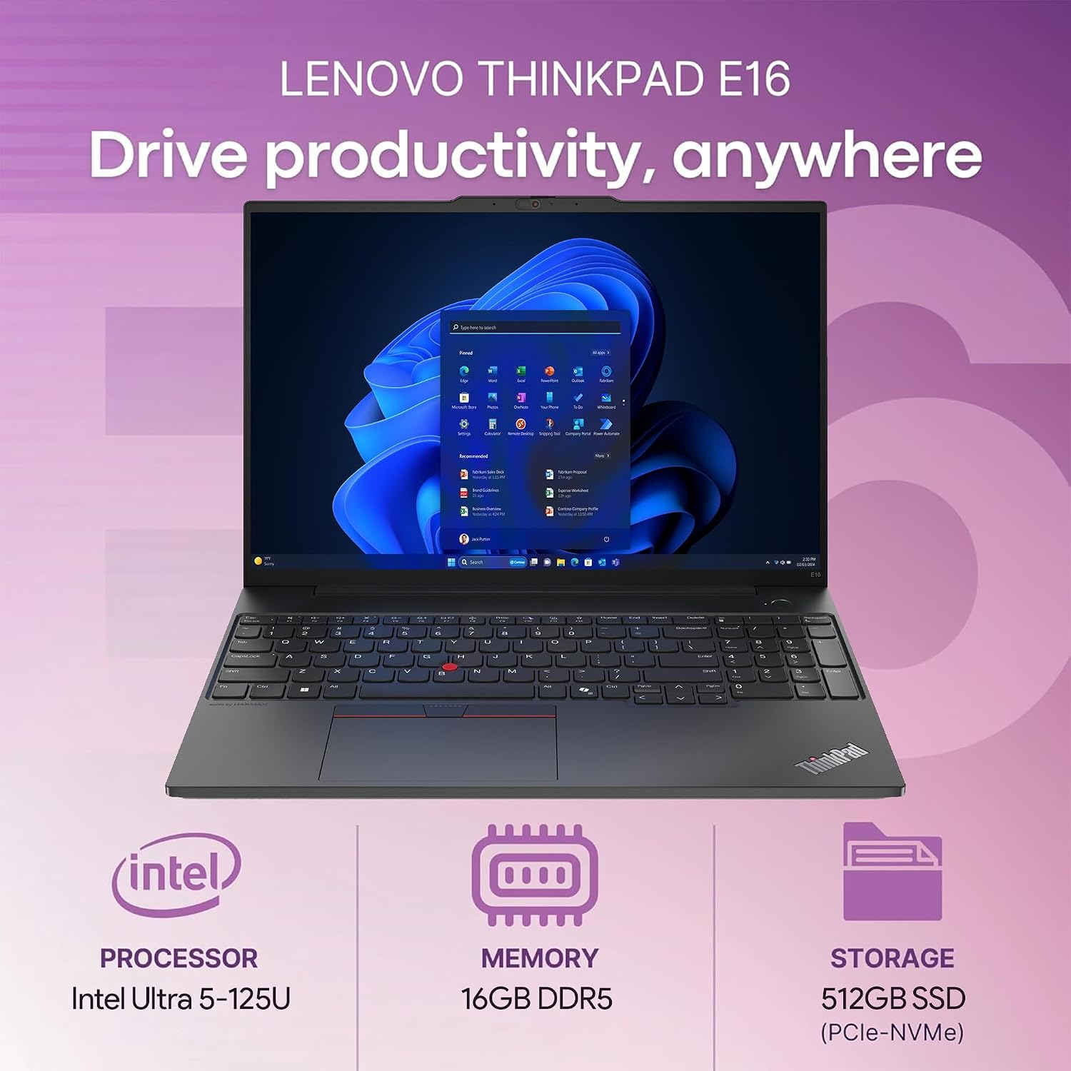 Lenovo ThinkPad E16 Gen 2, FHD+ 16' Display, Intel Ultra 5-125U, 16GB RAM, 512GB NVMe, FPR, Backlit Keyboard, WiFi 6E + BT, RJ-45, FHD Webcam, Win 11 Pro, AI Business Laptop