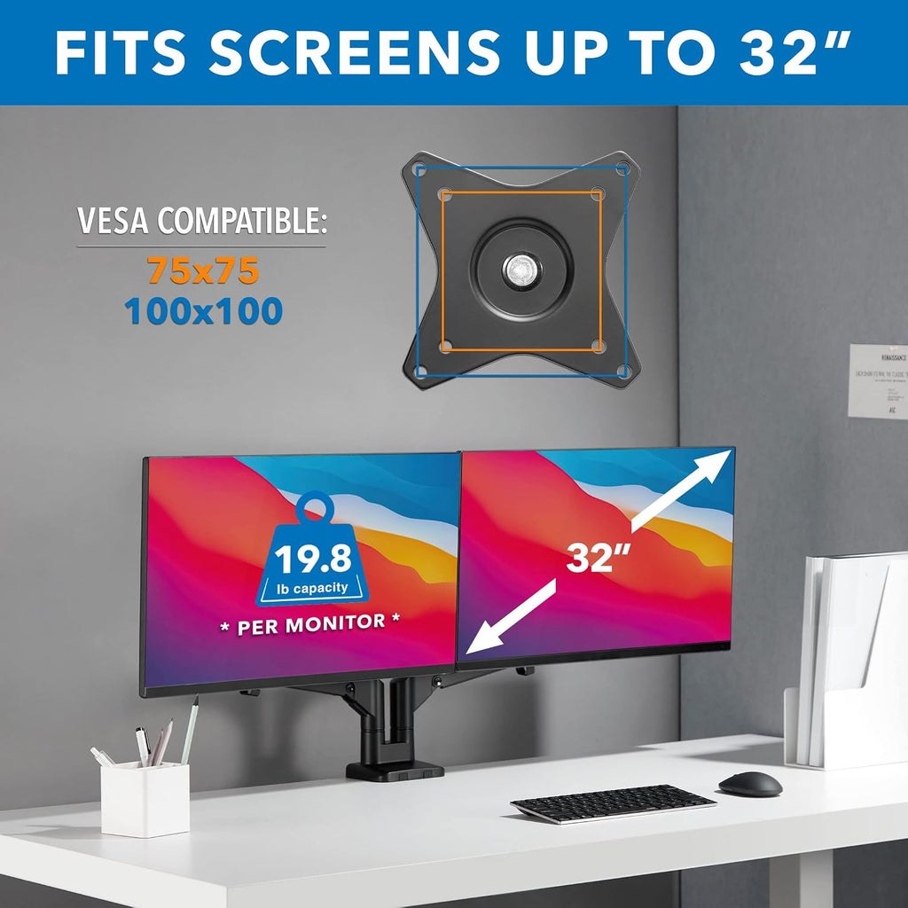 Mount-It! Dual Monitor Arm for 2 Monitors 17' to 32' Screens, Holds 19.8lbs per Arm, Height Adjustable, Tilt/Swivel/Rotate, Gas Spring System, Max VESA 100x100, C-Clamp & Grommet Base