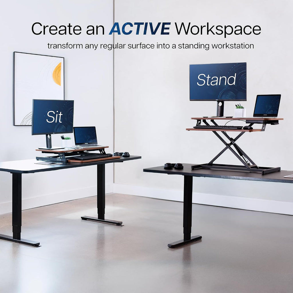 VIVO Height Adjustable 32 inch Stand Up Desk Converter, Quick Sit to Stand Tabletop Dual Monitor Riser Workstation, Dark Walnut Desktop, Black Frame, DESK-V000SD