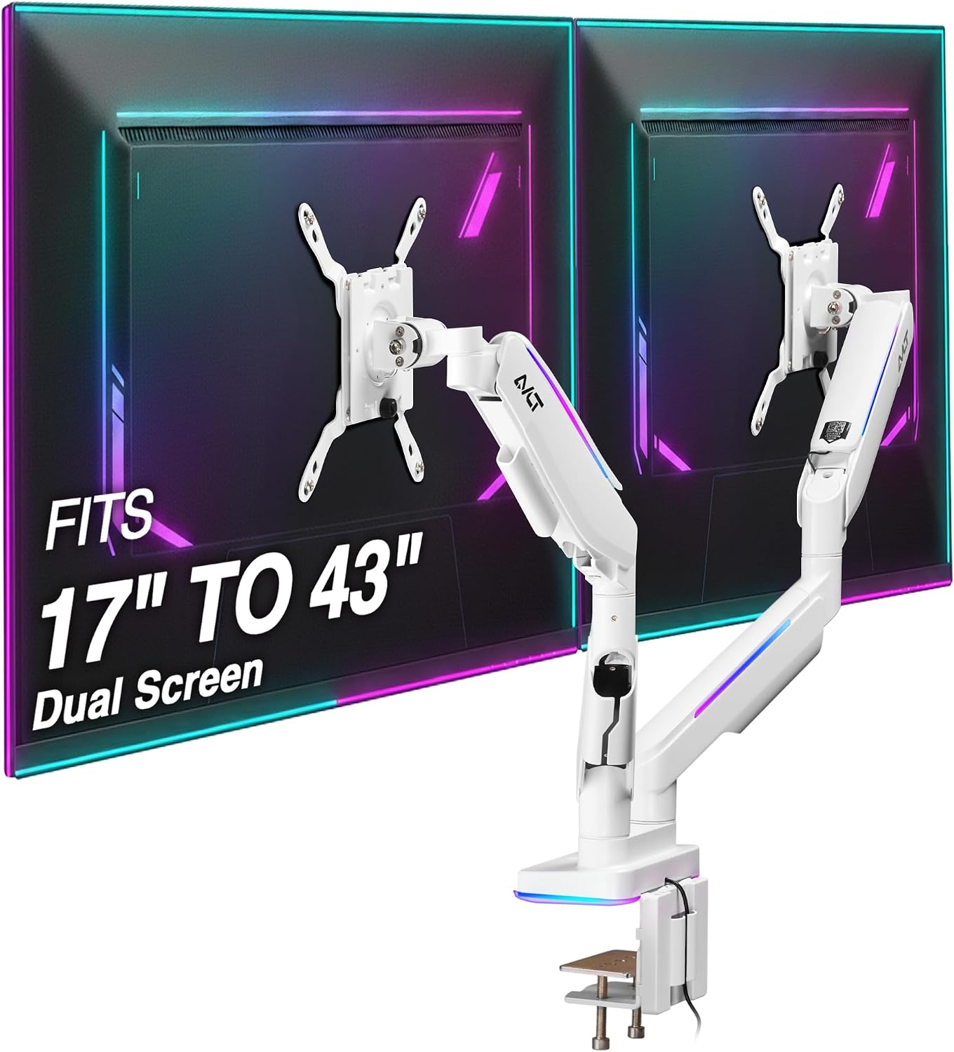 AVLT RGB Lights Dual 17'-43' Gaming Monitor Arm Desk Mount, Fits Two Flat/Curved/Ultrawide Screen up to 44lbs(20kg), Height Swivel Tilt Adjustable Stand – White