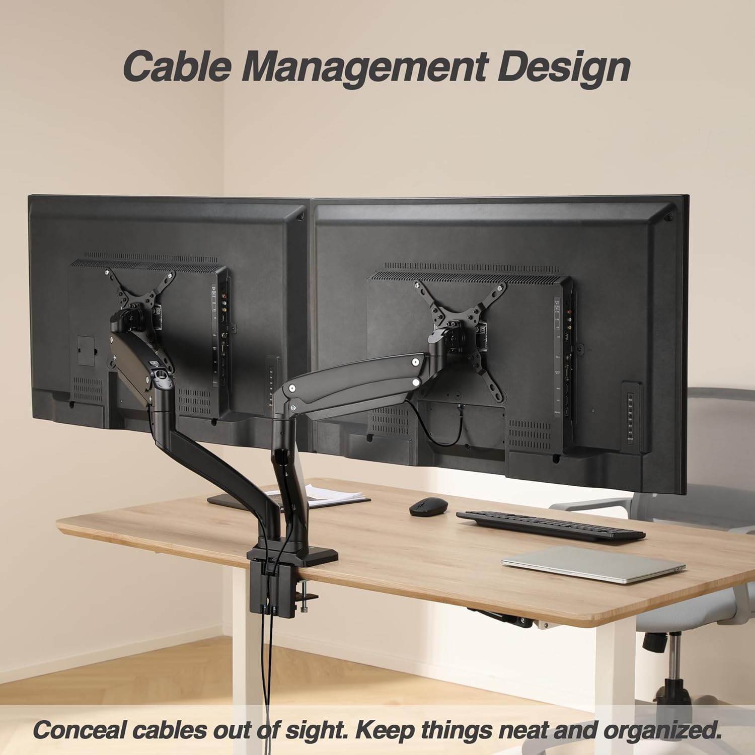 AVLT Dual Monitor Arm Desk Mount for 13'–43' Flat/Curved Screens with USB-A Pass-Through, Full Motion Height Adjustable Swivel Tilt Rotation VESA/C-Clamp/Grommet/Cable Management, Black