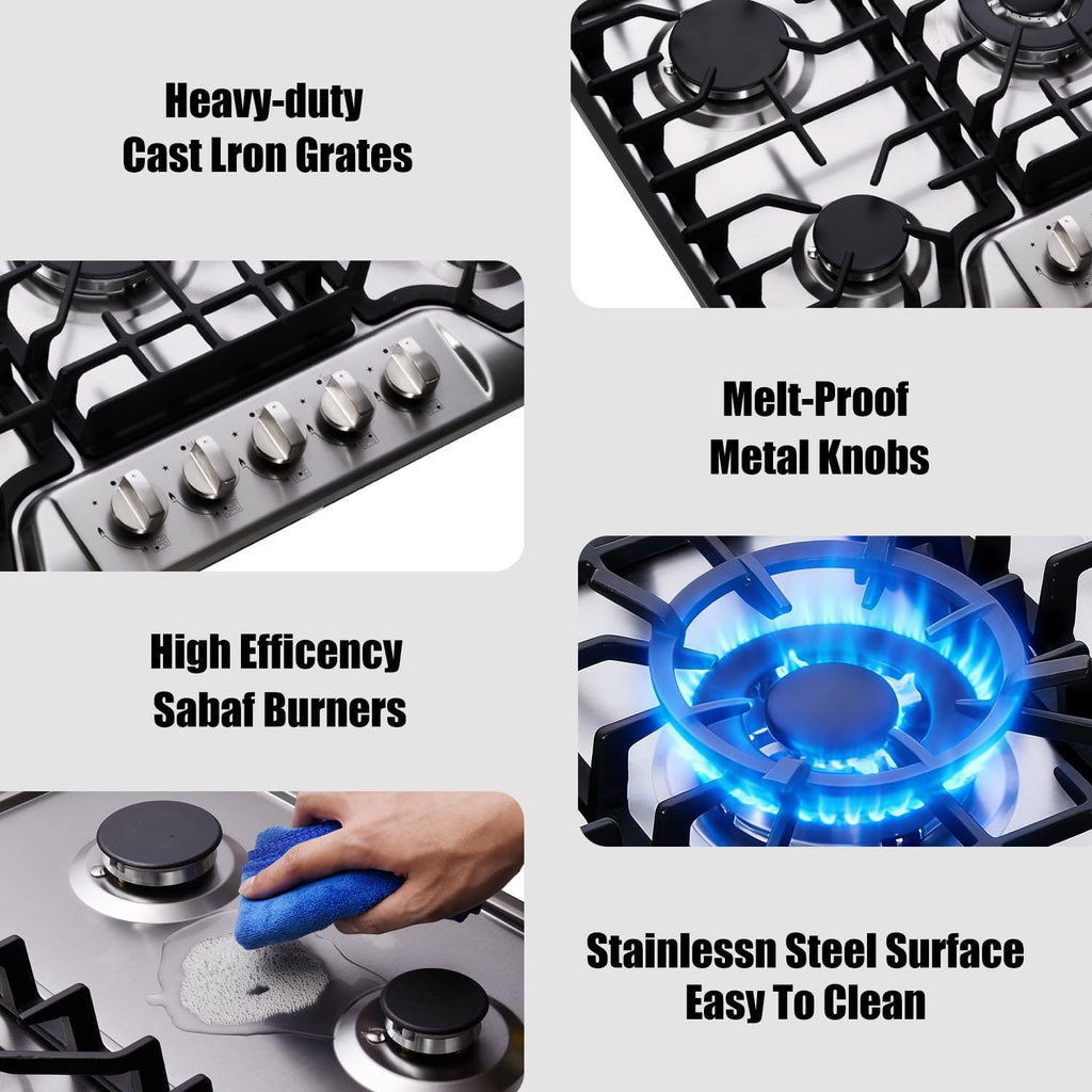 Gas Cooktop 30 Inch, Built-in 5 Burners Gas Stovetop Stainless Steel LPG/NG Convertible Gas Stove Dual Fuel Sealed Gas Cooktop