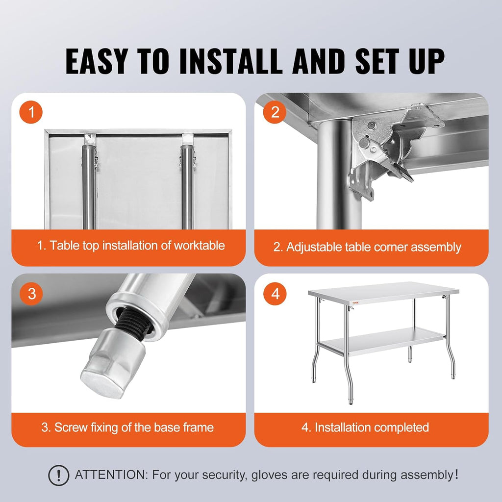 VEVOR Stainless Steel Foldable Work Table, 30 * 48 Inch Heavy Duty Food Outdoor Double Layer Stainless Steel Worktable for Commercial Kitchen Restaurant
