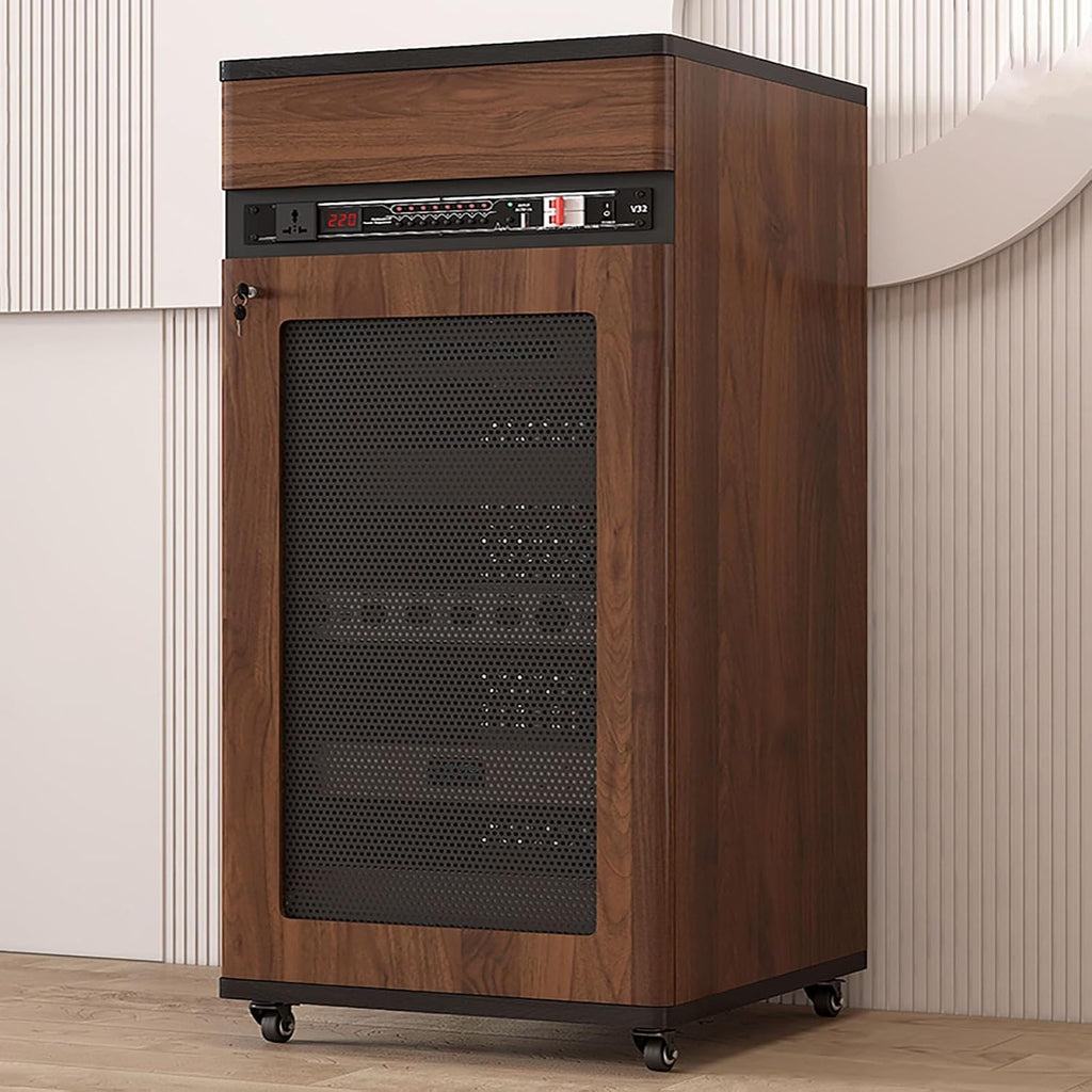 Media Stand Corner Shelf, Solid Wood AV Media Storage Cabinet with Wheels, Floor-Standing Audio Rack with Drawer, 4 Tiers for Stereo Equipment