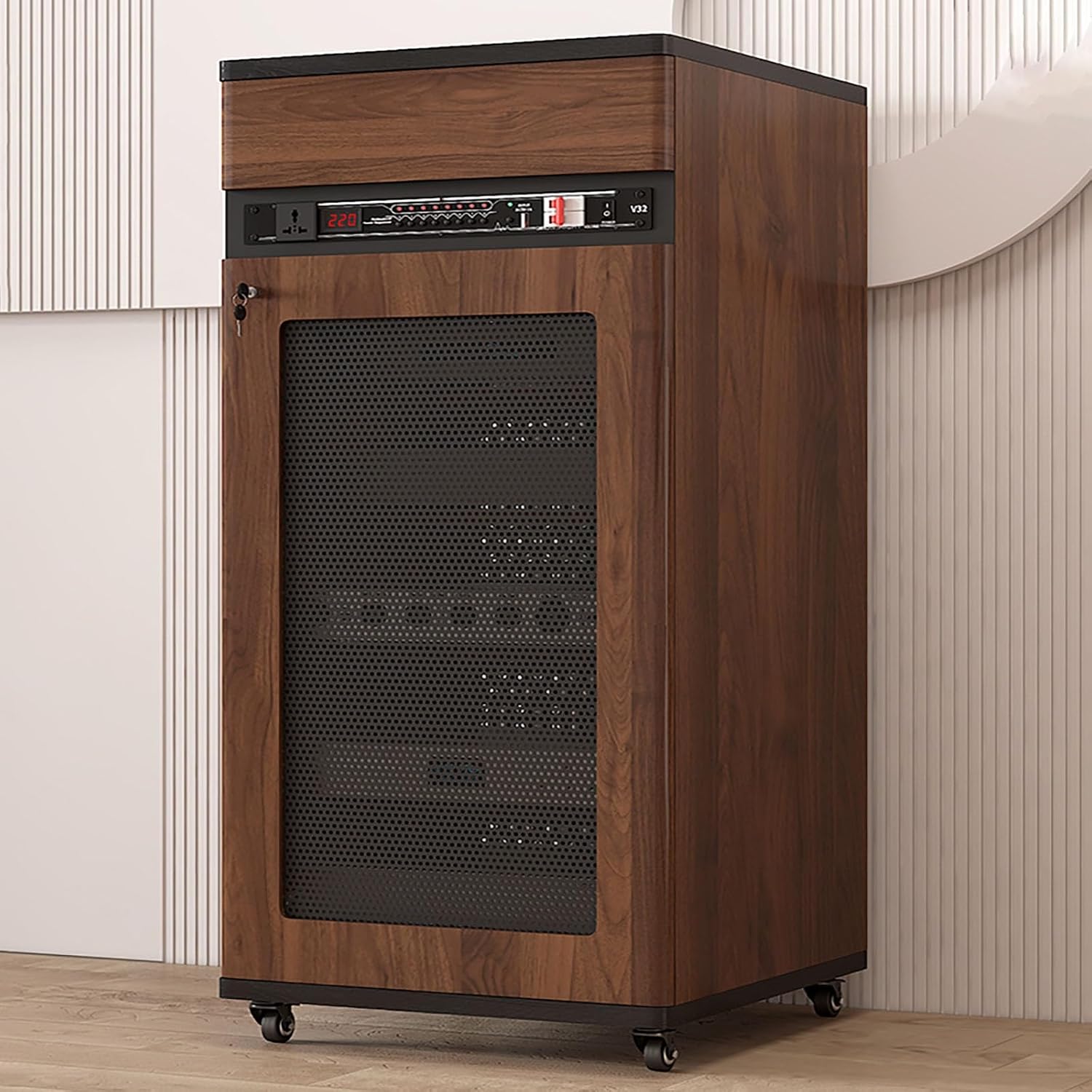Media Stand Corner Shelf, Solid Wood AV Media Storage Cabinet with Wheels, Floor-Standing Audio Rack with Drawer, 4 Tiers for Stereo Equipment
