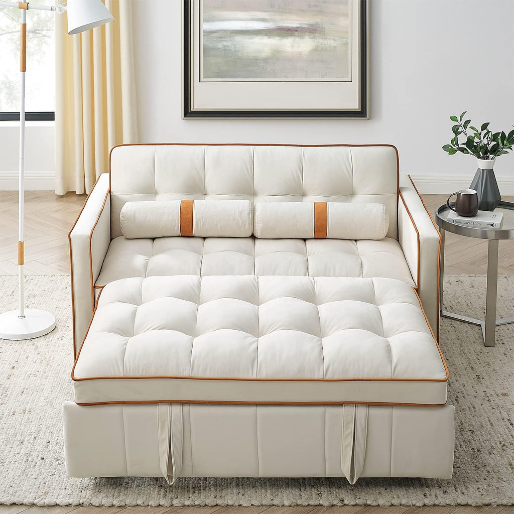 3 in 1 Sleeper Sofa Couch Bed, Small Tufted Velvet Convertible Loveseat Futon Sofa w/Pullout Bed, Adjustable Backrest, Cylinder Pillows for Living Room Apartment, Easy to Assemble, Beige, 55.5'