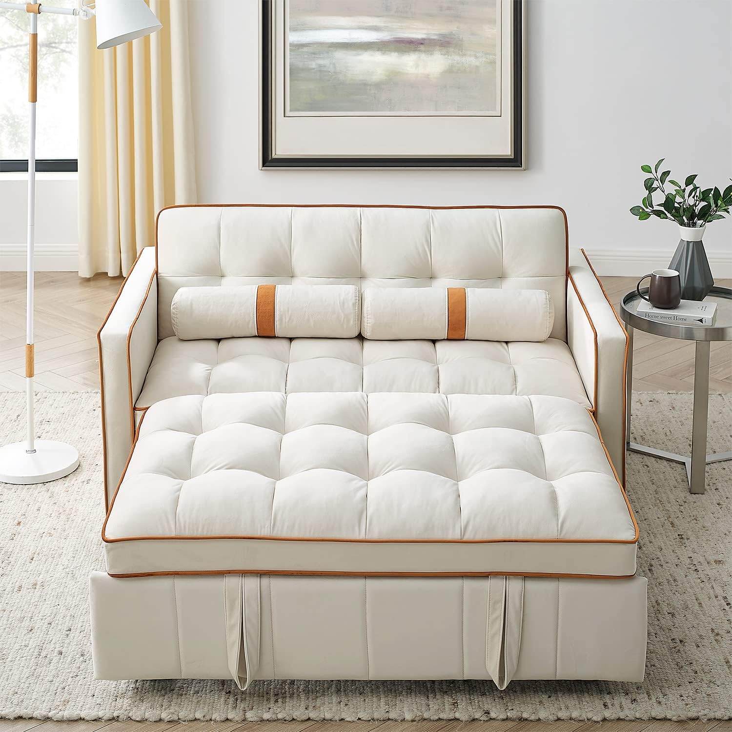 3 in 1 Sleeper Sofa Couch Bed, Small Tufted Velvet Convertible Loveseat Futon Sofa w/Pullout Bed, Adjustable Backrest, Cylinder Pillows for Living Room Apartment, Easy to Assemble, Beige, 55.5'