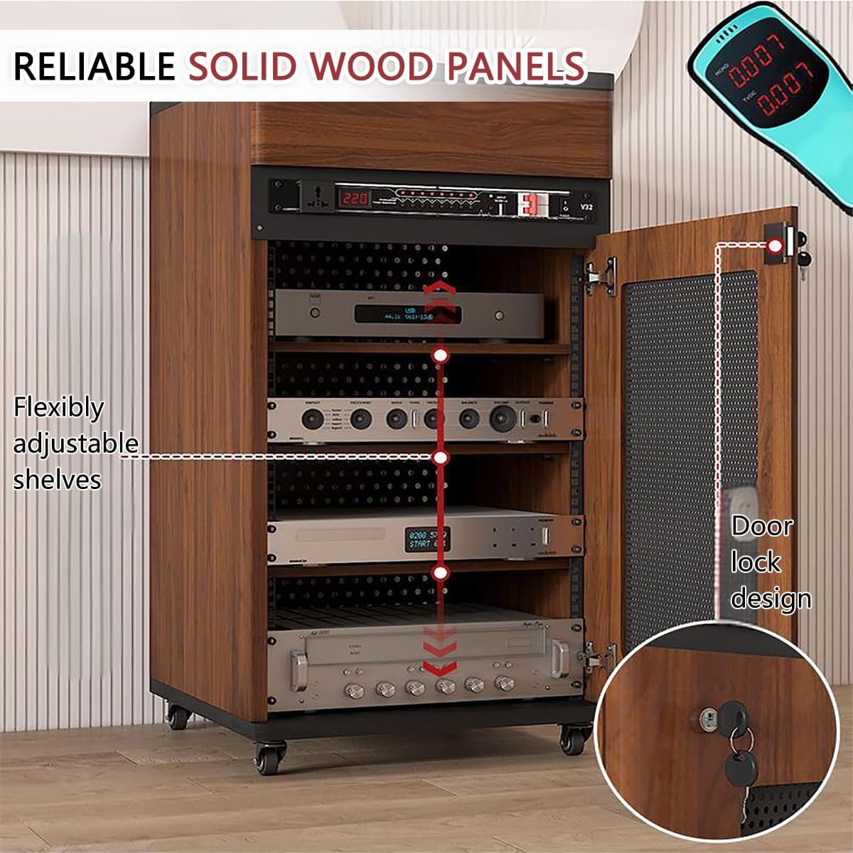 Media Stand Corner Shelf, Solid Wood AV Media Storage Cabinet with Wheels, Floor-Standing Audio Rack with Drawer, 4 Tiers for Stereo Equipment
