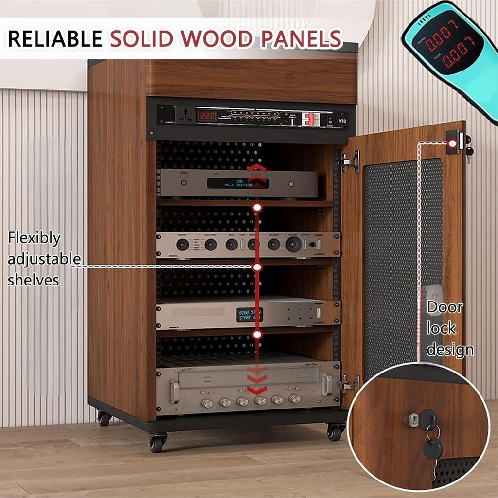 Media Stand Corner Shelf, Solid Wood AV Media Storage Cabinet with Wheels, Floor-Standing Audio Rack with Drawer, 4 Tiers for Stereo Equipment