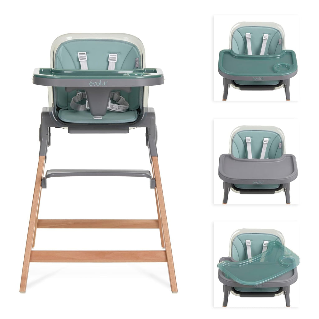 Evolur Tiny Throne 3-in-1 Convertible High Chair, Removable & Dishwasher Safe Tray, Converts to Booster Seat & Adult Stool, Easy-to-Clean Feeding Solution – Matcha Green