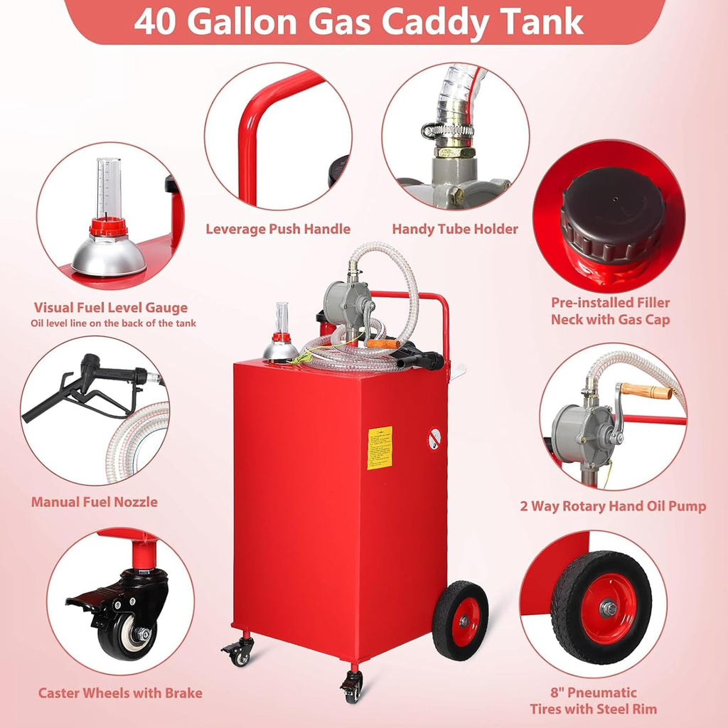 Garvee 40 gal Fuel Caddy with Manual Pump – Heavy Duty Gasoline & Diesel Transfer Tank On 4 Wheels, Spill-Proof Portable Fuel Container for Boat, Truck, Lawn Mower, ATV, Garage & Farm – Red