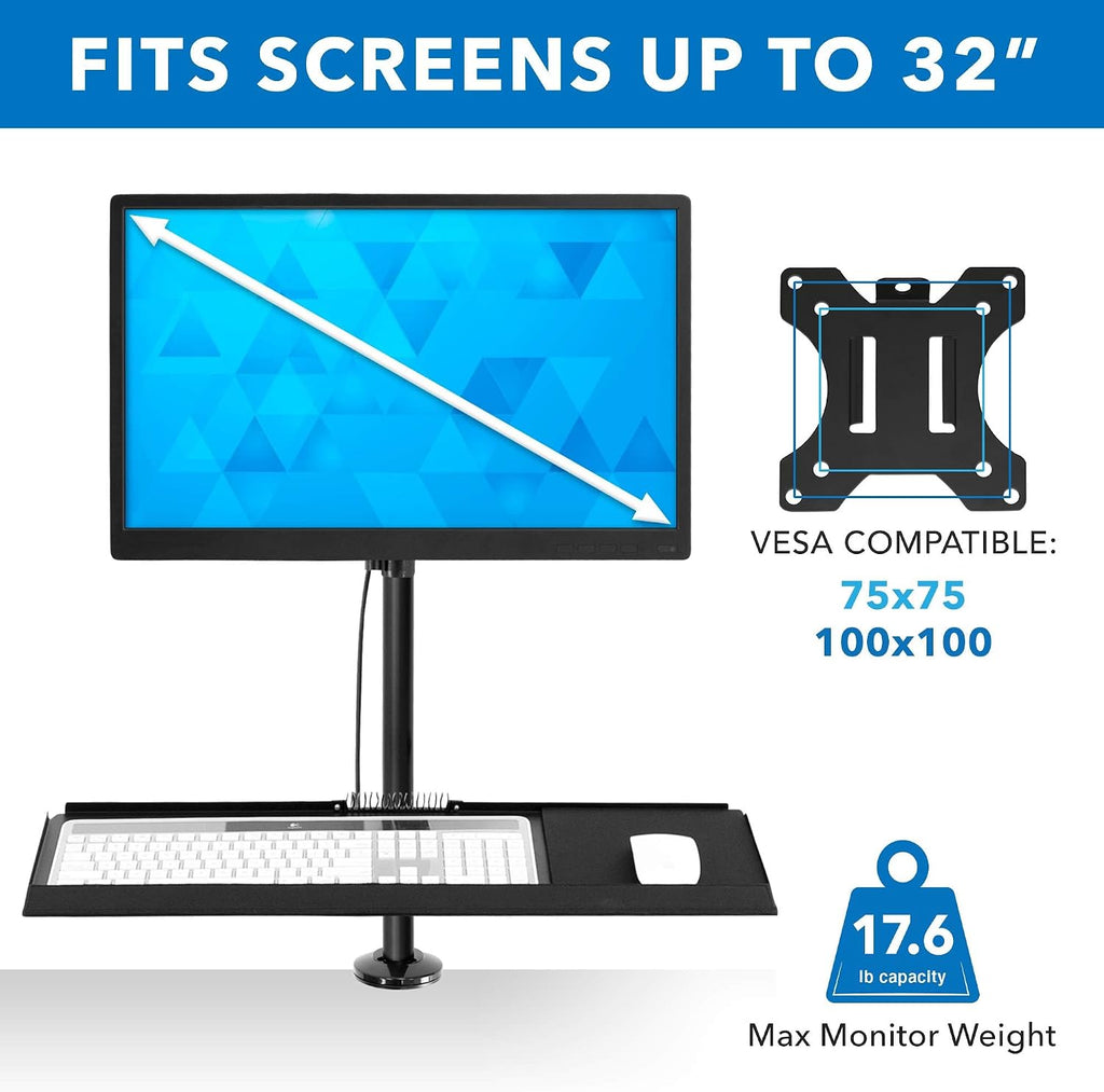 Mount-It! Sit-Stand Monitor Arm Desk Mount with Keyboard Tray, Single Monitor Fits Up to 32', Height Adjustable Gas Spring, Full Motion Articulating Arm, Clamp or Grommet, Black