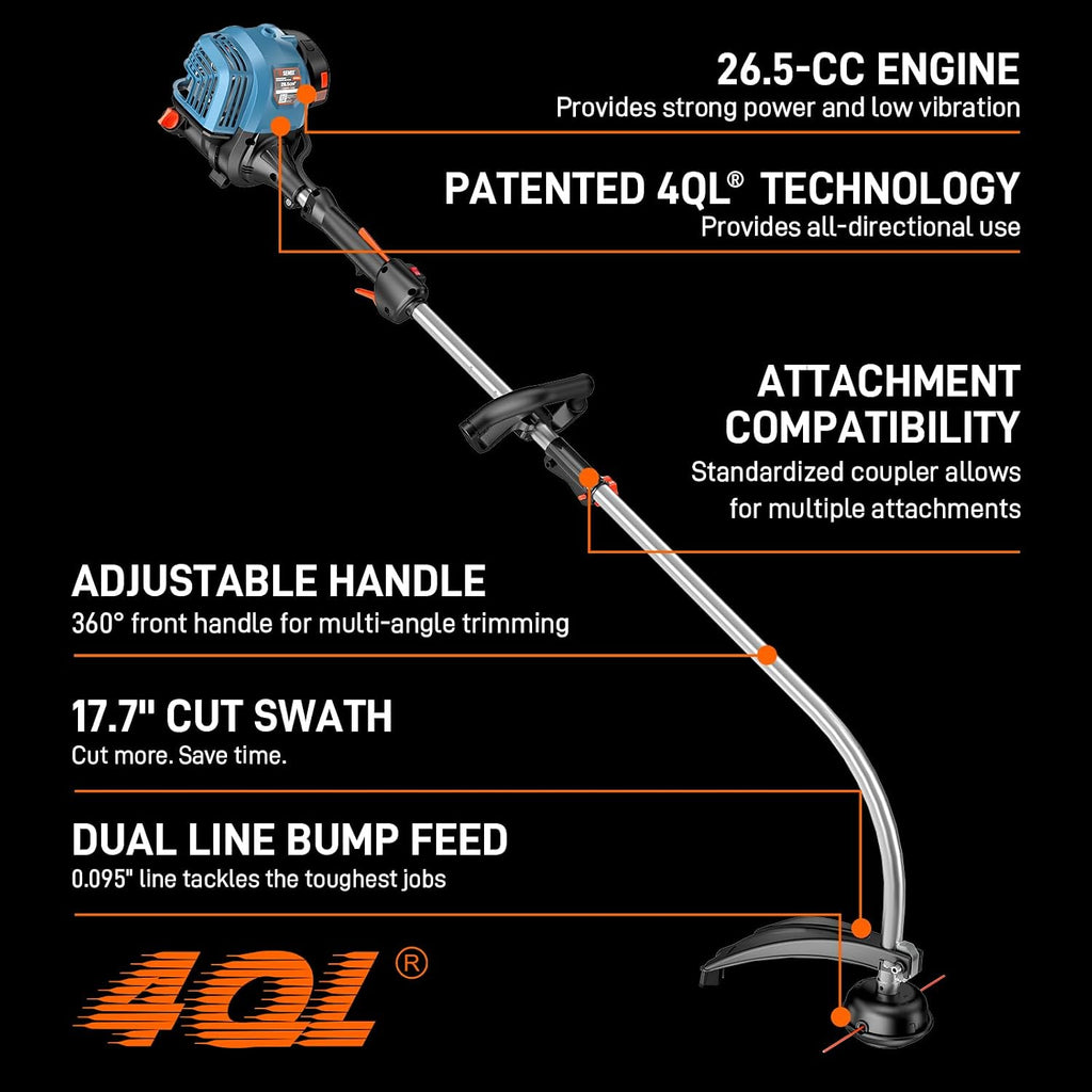 SENIX 4QL 26.5 cc Gas Weed Wacker, GTC4QL-L String Trimmer and Edger Lawn Tool with Curved Shaft, Front D-Handle, Bump Feed, 17 Inch Cutting Width