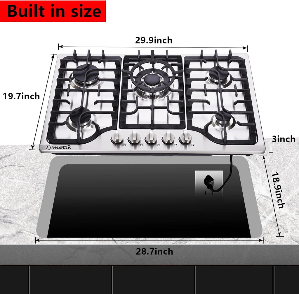 30 Inch Gas Cooktop, 5 High Efficiency Burners Gas Stovetop Built-in Stainless Steel Gas Stove Propane/Natural Gas Convertible Gas Hob
