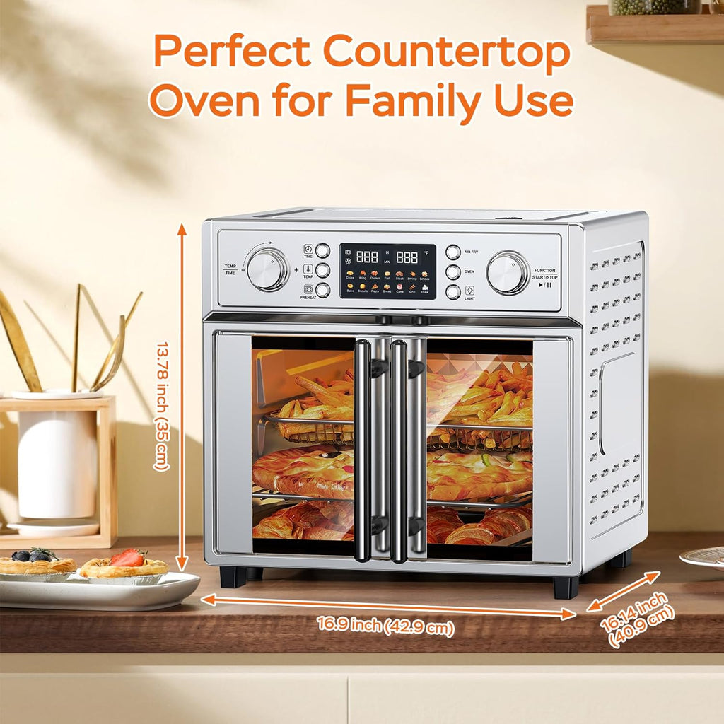 Plum chef 27.5QT French Door Air Fryer Toaster Oven Combo, Countertop Oven with 14 Presets & Digital Control, Extra Large Toaster Oven for Baking, Roasting, Accessories Includes,Stainless Steel