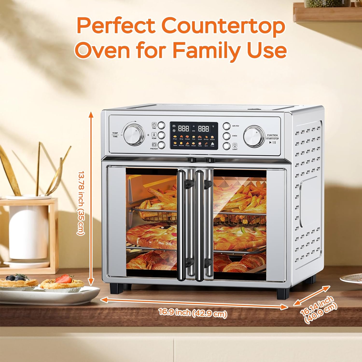 Plum chef 27.5QT French Door Air Fryer Toaster Oven Combo, Countertop Oven with 14 Presets & Digital Control, Extra Large Toaster Oven for Baking, Roasting, Accessories Includes,Stainless Steel