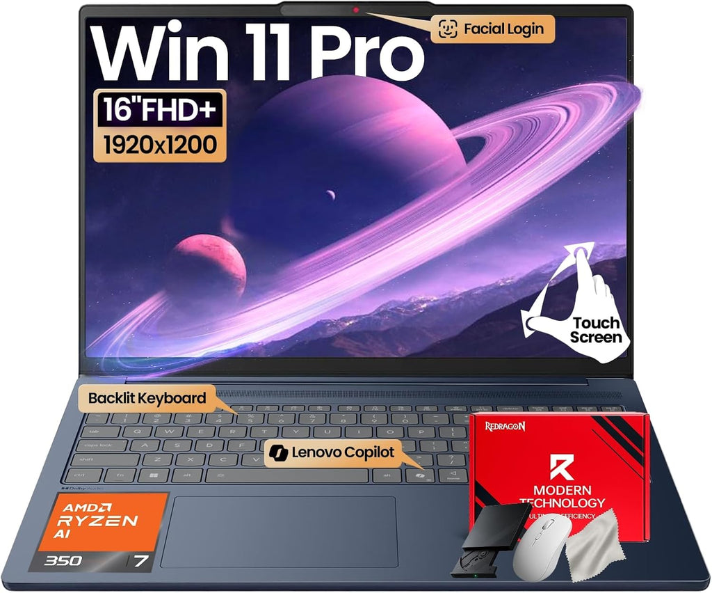Lenovo IdeaPad Copilot+ Business Laptop - 16' FHD+ Touchscreen - AMD Ryzen AI 7 350(Beat Core 7 150U) - 50 TOPS NPU - Facial Login IR Cam - Backlit KB -Win 11 Pro-Redragon Bundle (32GB DDR5 | 2TB SSD)