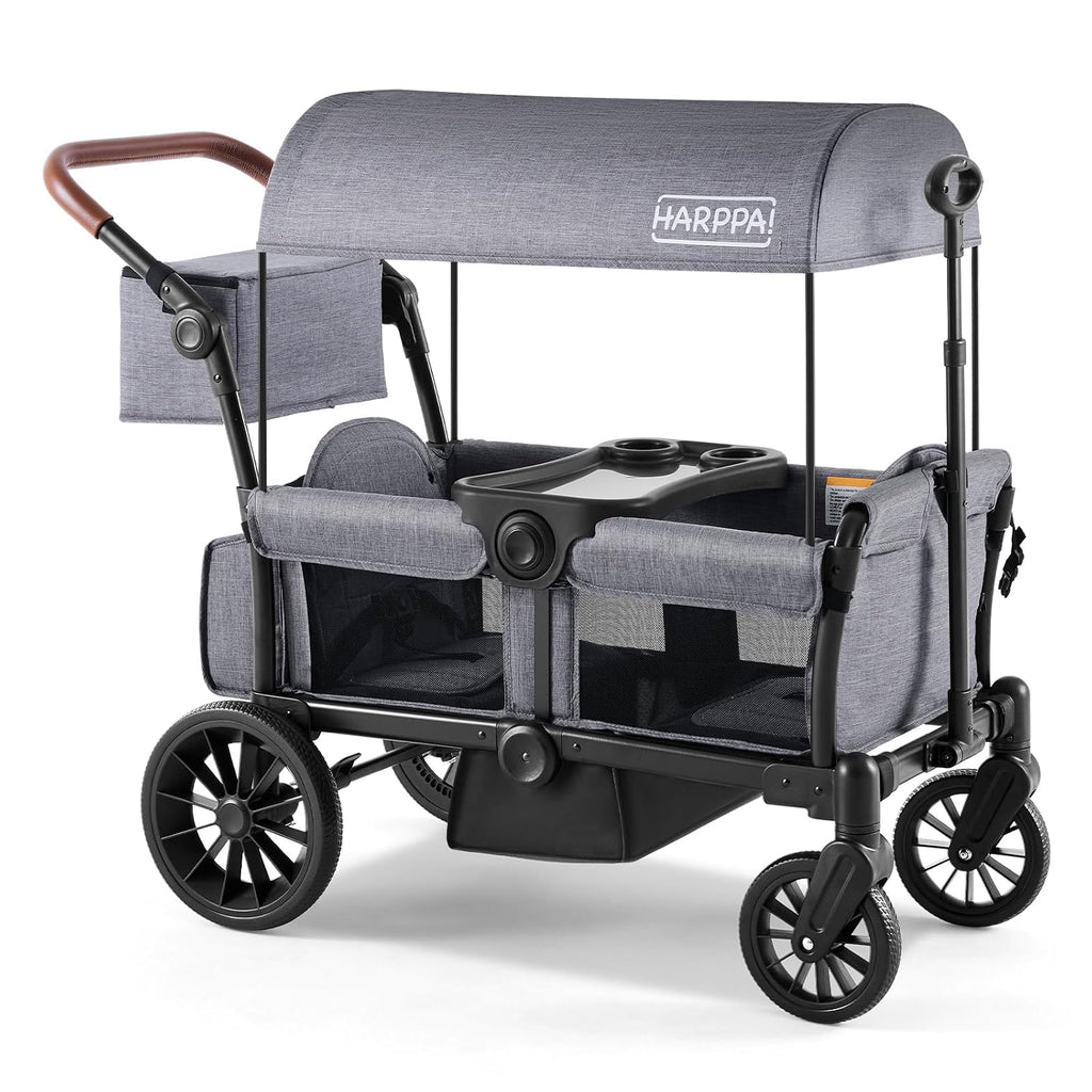 HARPPA All-Terrain Wagon Stroller for 2 Kids, Foldable Outdoor & Beach Stroller Wagon with Removable Canopy, Adjustable Push & Pull Handle, Footwell & Large Storage, Grey